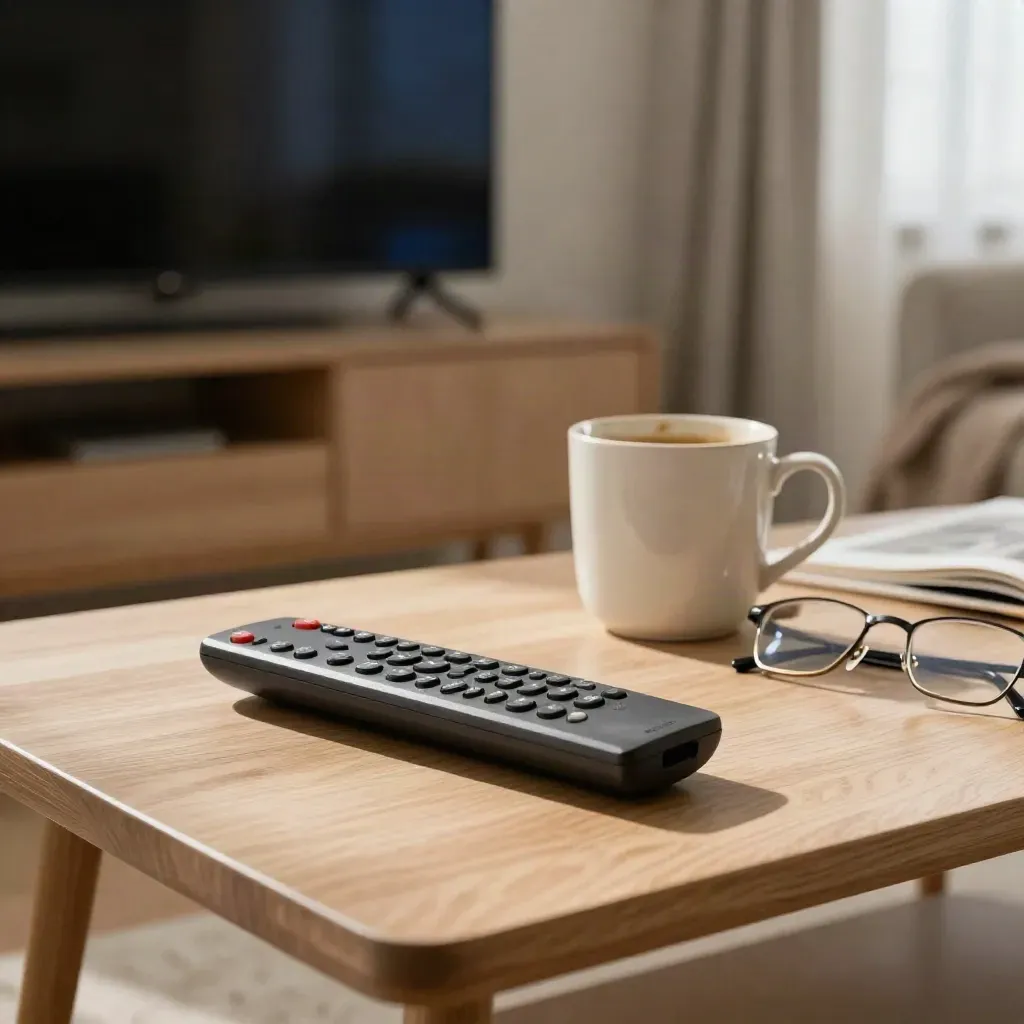 Fjärrkontroll, mugg och läsglasögon på soffbord med svag TV-glöd i varm vardagsrumsmiljö