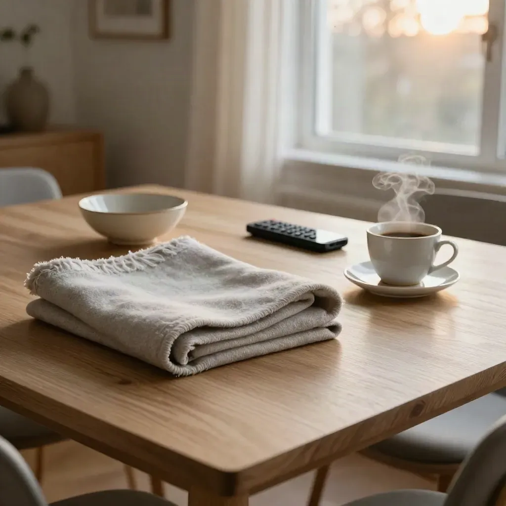 Frukostbord med filt, skål, fjärrkontroll och upplyst mobil vid fönsterljus.