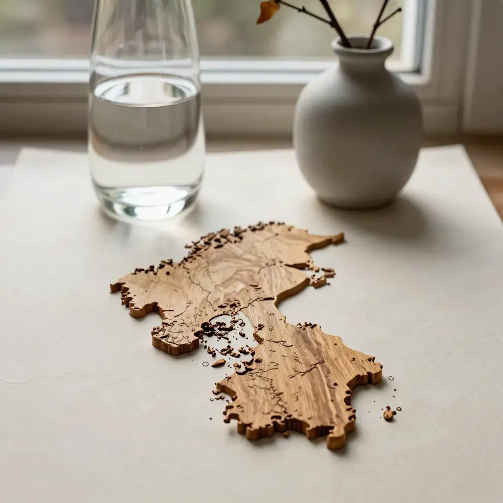 Träreliefkarta över Sverige med karaff och liten vas på ljus plaster.